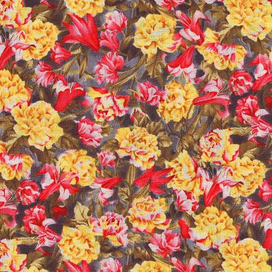 Fabri-Quilt "Serendipity" 112-91321 Roses&Lillies allover    Rosen und Lilien gelb rot hellgrau