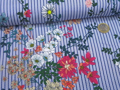Viskosedruck floral auf Streifen 922023-31 Weiß Blau Multi