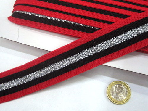 Fashionband Streifen Glitzer 3cm 32421 Rot Schwarz Silber