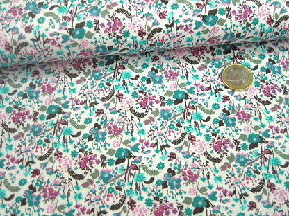 Baumwolldruck Blumen KC0379-004 Weiß Violett Grün