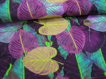 Baumwoll-Twill bestickt Blätter digital 5314/01 Violett Grün