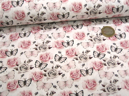 Popeline Baumwolldruck Rosen Schmetterling digital 183017 Weiß