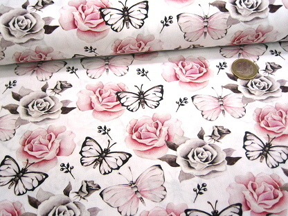 Popeline Baumwolldruck Rosen Schmetterling digital 183016 Weiß
