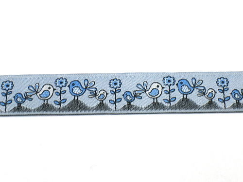 Webband "Blumen und Vögel" 18mm Blau
